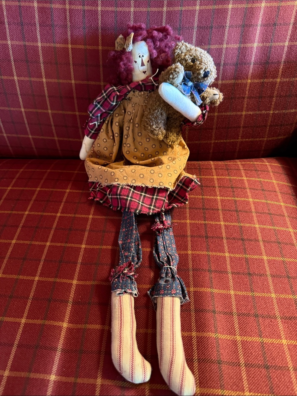 Handcrafted Rag Doll with Bear Accent - Burgundy, Mustard, Blue
